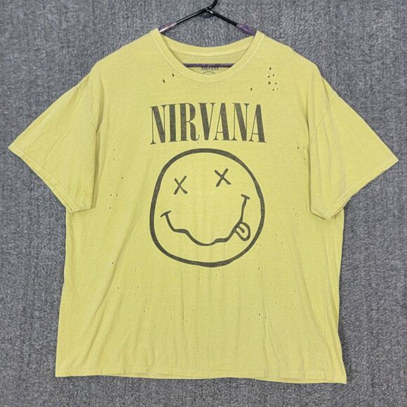 Nirvana T-Shirt Mens OS S M L XL 2XL Yellow Nevermind Smiley Face Distressed - Picture 1 of 8